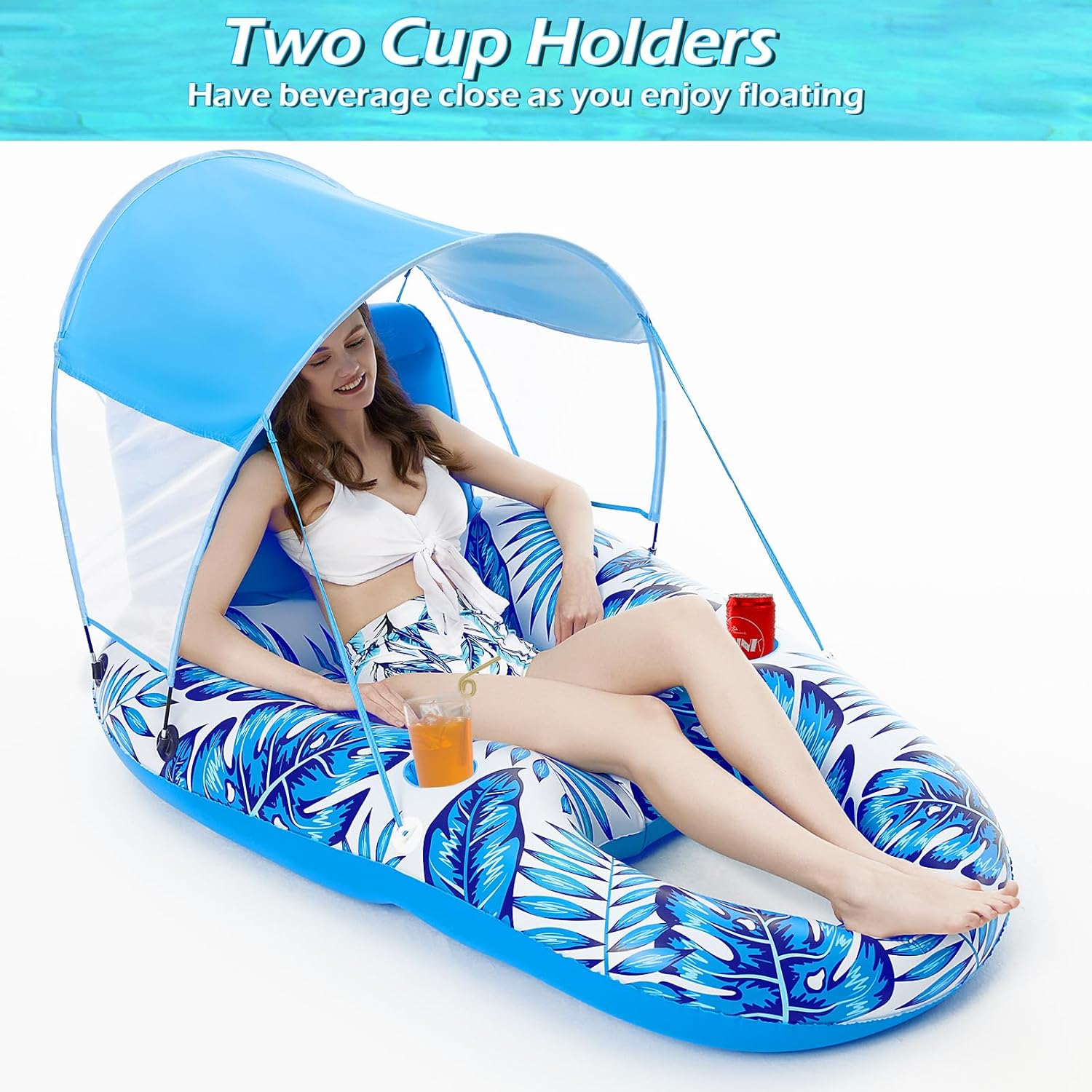 Jasonwell Pool Floats with Canopy - Inflatable Pool Float Adult Lounger Floaties Raft Floating Chair for Swimming Pool Lake Water Lounge Float with Cup Holders Beach Pool Party Toys for Adults - Jasonwell