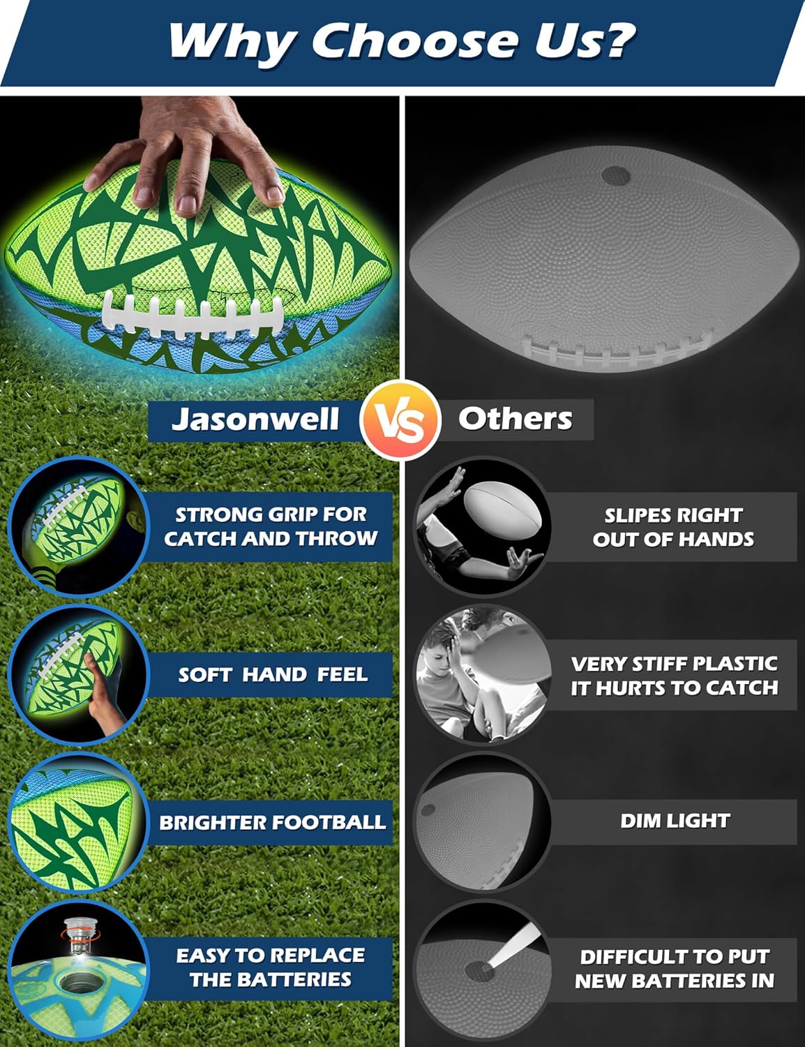 Jasonwell Glow in The Dark Football - Strong Grip Light Up Football Toy Stuff Sports Balls for Boys Kids Teenage Junior Youth Adult Outdoor Christmas Birthday Gifts for Age 6-8 8-12 13 + Year Old No.3 - Jasonwell