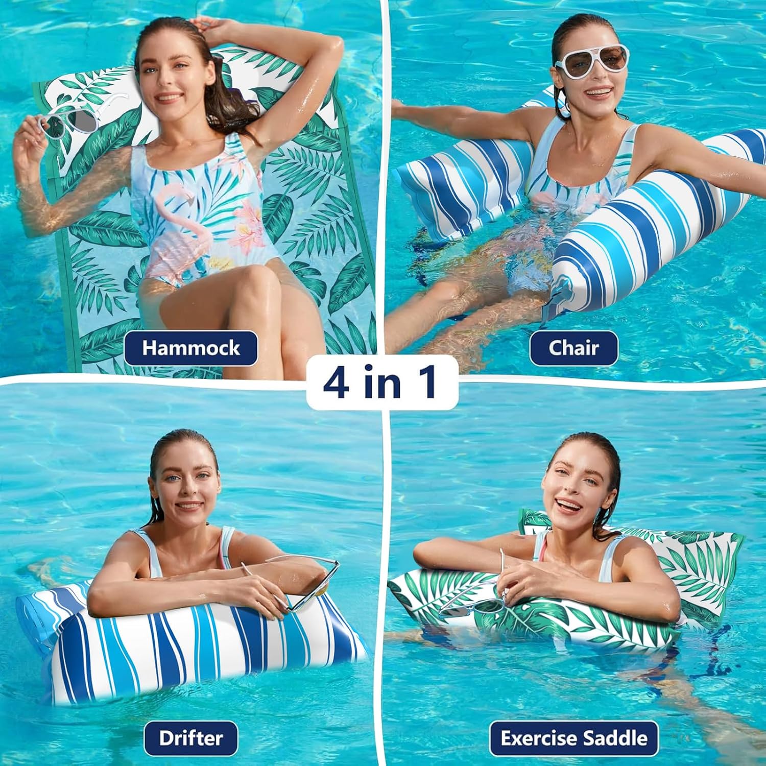 Jasonwell Water Hammock Pool Floats - 2PACK Fabric Inflatable Pool Hammock Float Floaties 4 in 1 (Saddle Lounge Chair Drifter) Lake Beach Floating Loungers Swimming Pool Rafts Toys for Adults - Jasonwell