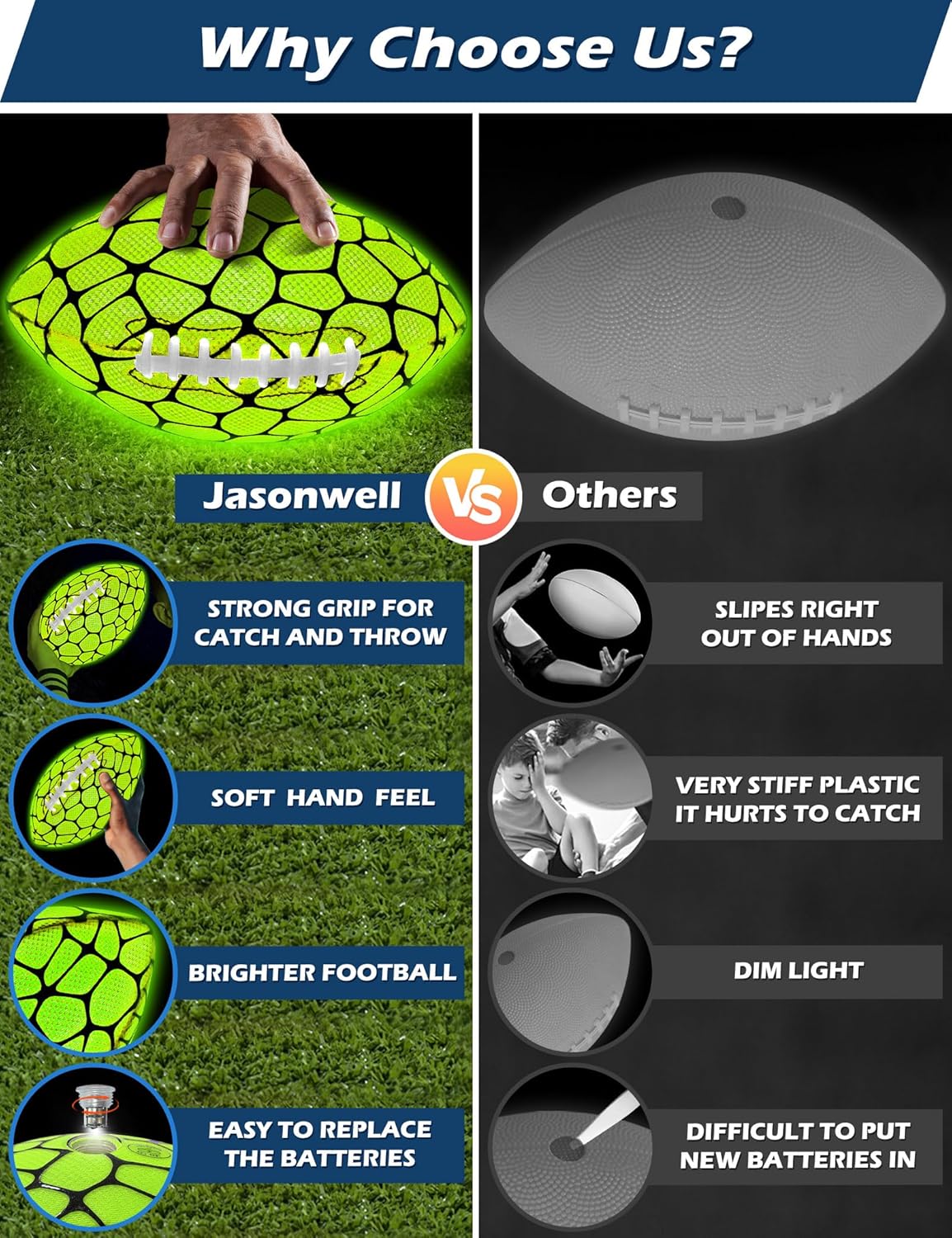 Jasonwell Glow in The Dark Football - Strong Grip Light Up Football Toy Stuff Sports Balls for Boys Kids Teenage Junior Youth Adult Outdoor Christmas Birthday Gifts for Age 6-8 8-12 13 + Year Old No.3 - Jasonwell