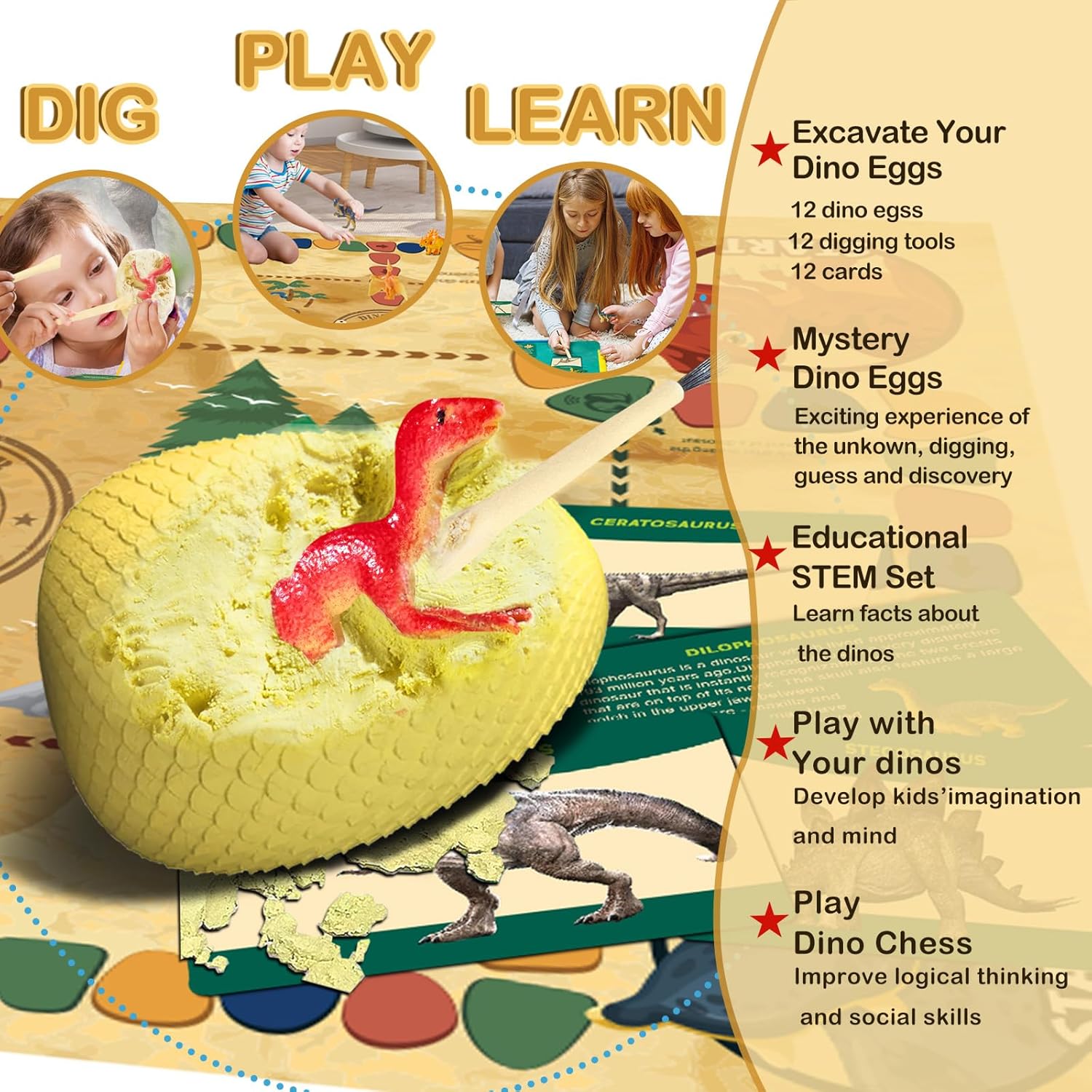 Dinosaur Eggs Dig Kit Toys - 12 Dino Fossil Eggs Excavation Kit w Play Mat for Kids Easter Party Favor Basket Stuffers STEM Toy Christmas Birthday Gift for Boys Girls Age 3 4 5 6 7 8 9 10 + Years Old - Jasonwell