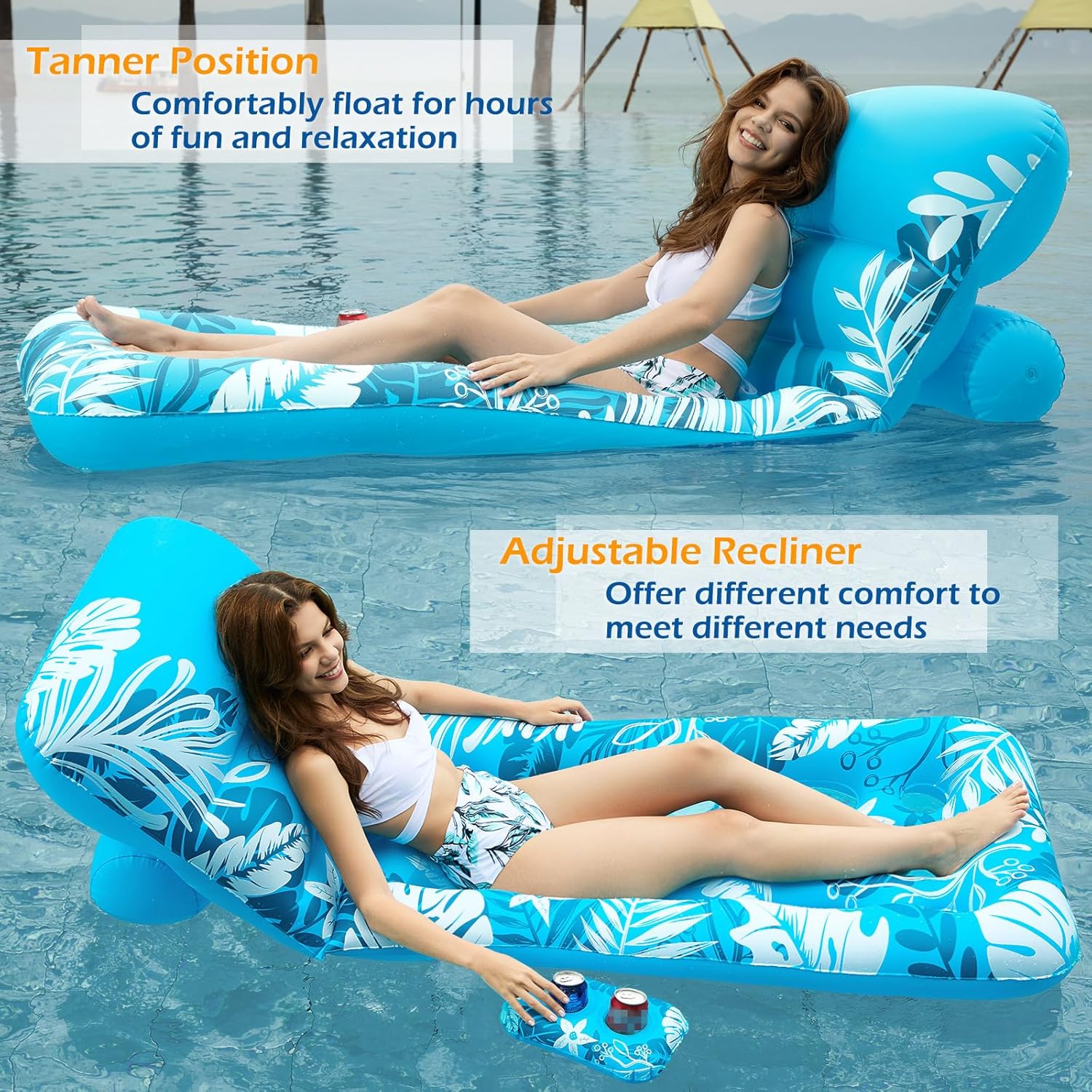 Jasonwell Inflatable Pool Float Adult - Pool Floaties Lounger Floats Floating Chair Raft with Adjustable Backrest Cup Holders Water Floaty Lake Lounge Tanning Floats Beach Party Toys for Adults (Blue)