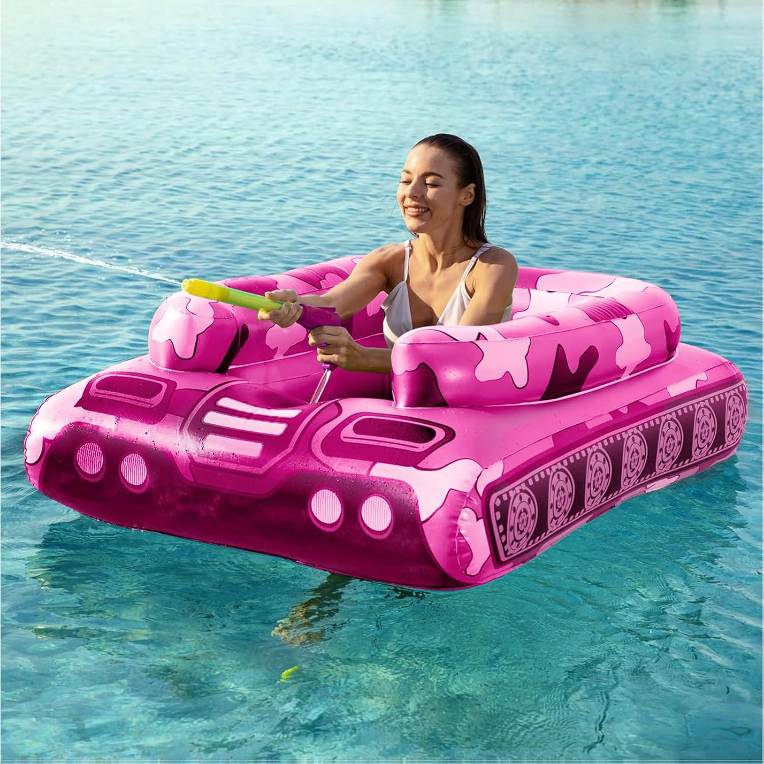 Inflatable Tank Pool Floats Adults - Jasonwell Kids Pool Floaties Swimming Pool Tank with Water Cannon Gun Swim Floaty Rafts Lake Beach Party Pool Toys for Boys Girls Kids Adults (Rose-L) - Jasonwell