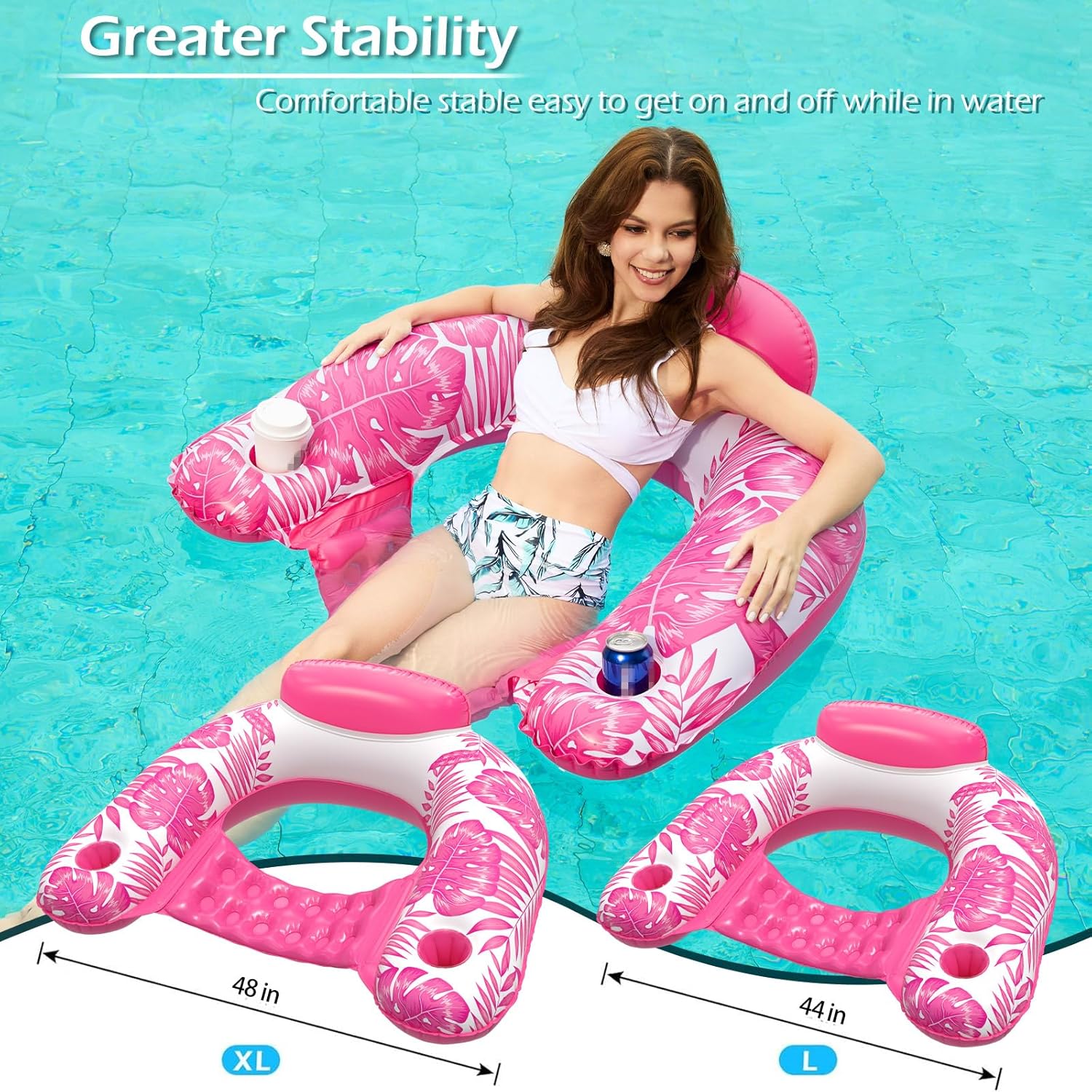 Jasonwell Inflatable Pool Float Chair - Pool Floaties Floating Pool Chair Lounge Floats for Swimming Pool Water Chair Pool Lounger with Cup Holder Pool Toy Party Floaty Adults (TropicalRose-XL)
