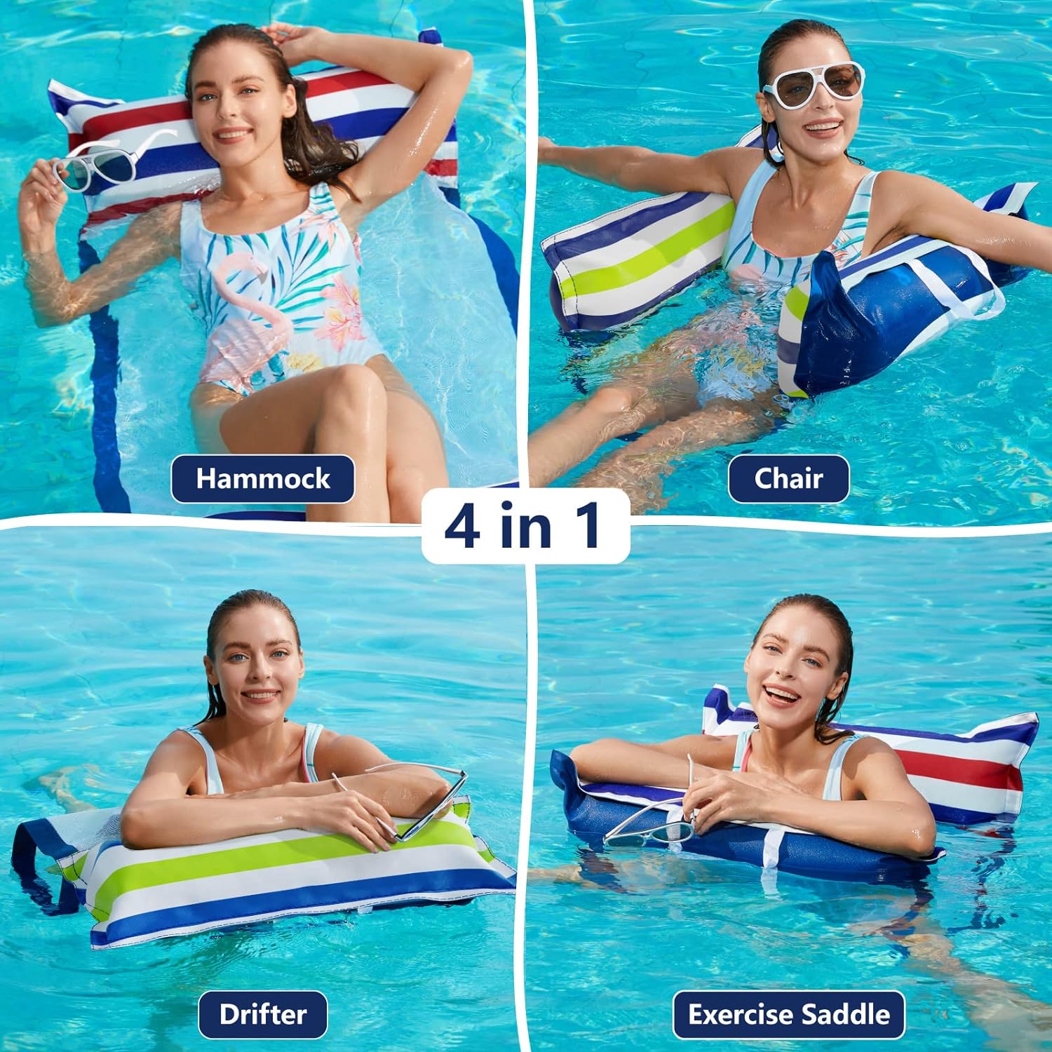 asonwell Inflatable Pool Hammock Float - 2 Pack Water Hammock Pool Floaties Multi-Purpose (Saddle Lounge Chair Drifter) 4 in 1 Lake Beach Floating Loungers Swimming Pool Floats Toys for Adults - Jasonwell