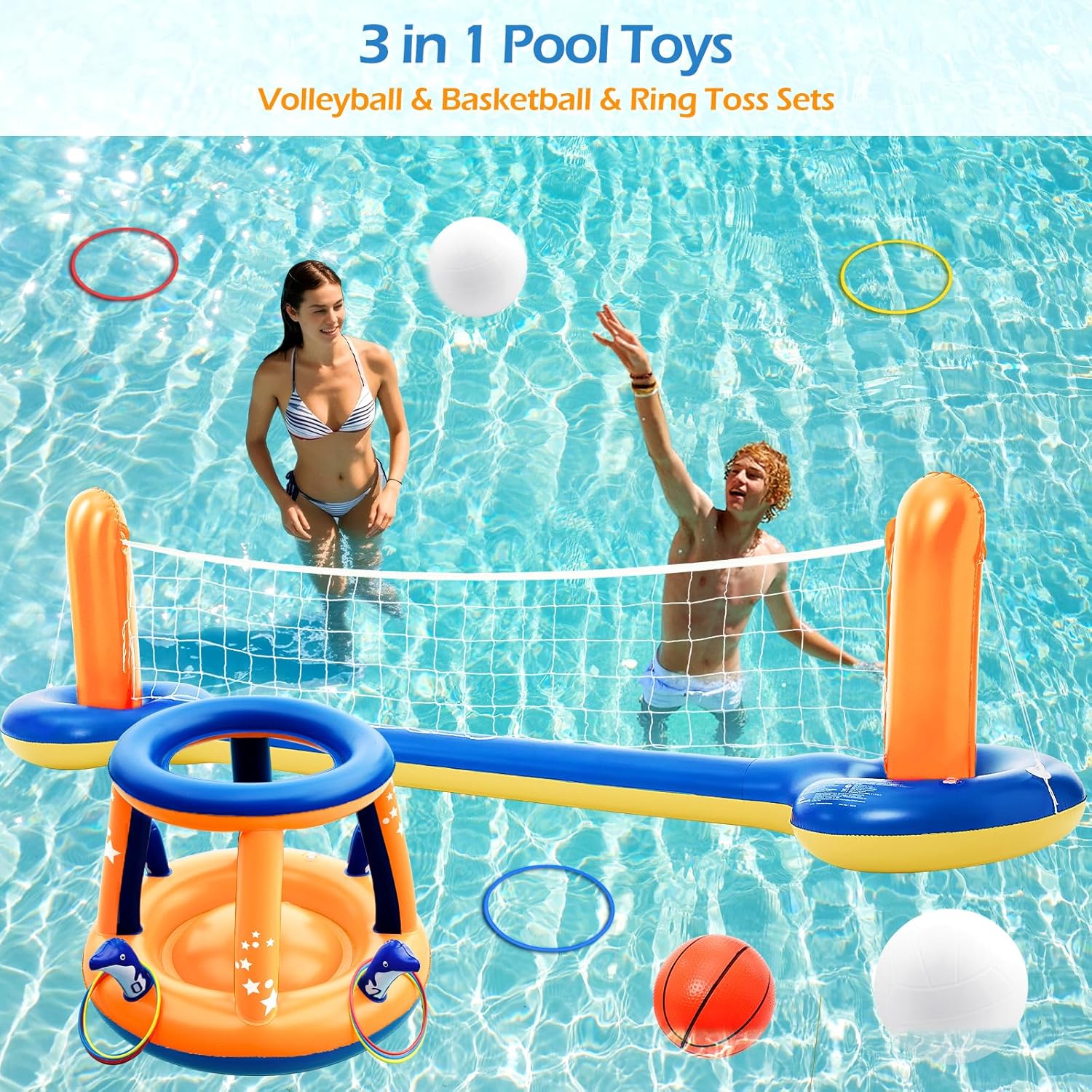 Jasonwell Pool Toys Games Set - 3 in 1 Pool Volleyball Net Basketball Hoop Ring Toss Game Inflatable Floats Water Floating Volleyball Swimming Pools Party Game Accessories Toy Gift Kids Teens Adults