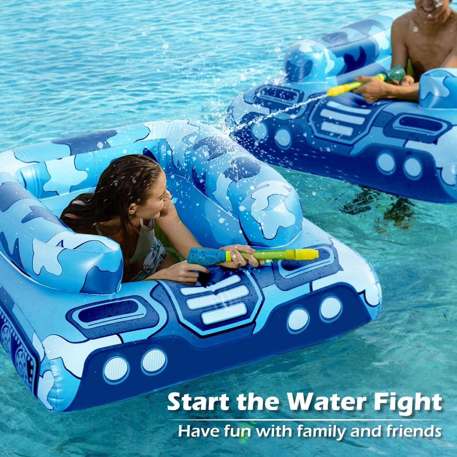 Inflatable Tank Pool Floats Adults - Jasonwell Kids Pool Floaties Swimming Pool Tank with Water Cannon Gun Swim Floaty Rafts Lake Beach Party Pool Toys for Boys Girls Kids Adults Blue-L - Jasonwell
