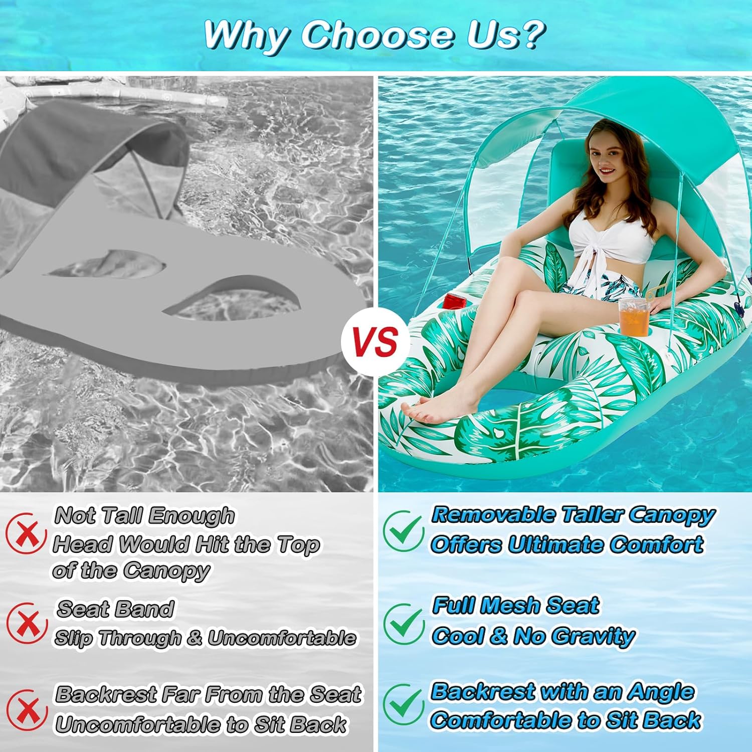 Jasonwell Pool Floats with Canopy - Inflatable Pool Float Adult Lounger Floaties Raft Floating Chair for Swimming Pool Lake Water Lounge Float with Cup Holders Beach Pool Party Toys for Adults - Jasonwell