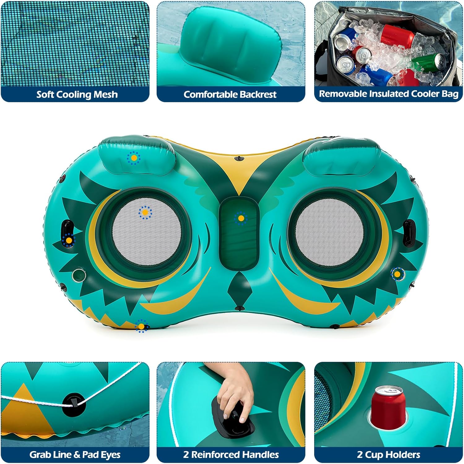 Jasonwell Inflatable River Tube Float - 2 Person Heavy Duty Pool Float With Removable Cooler, Lake Water Tubes for Floating, Raft Lounge Floatie With 2 Cup Holders for Adults