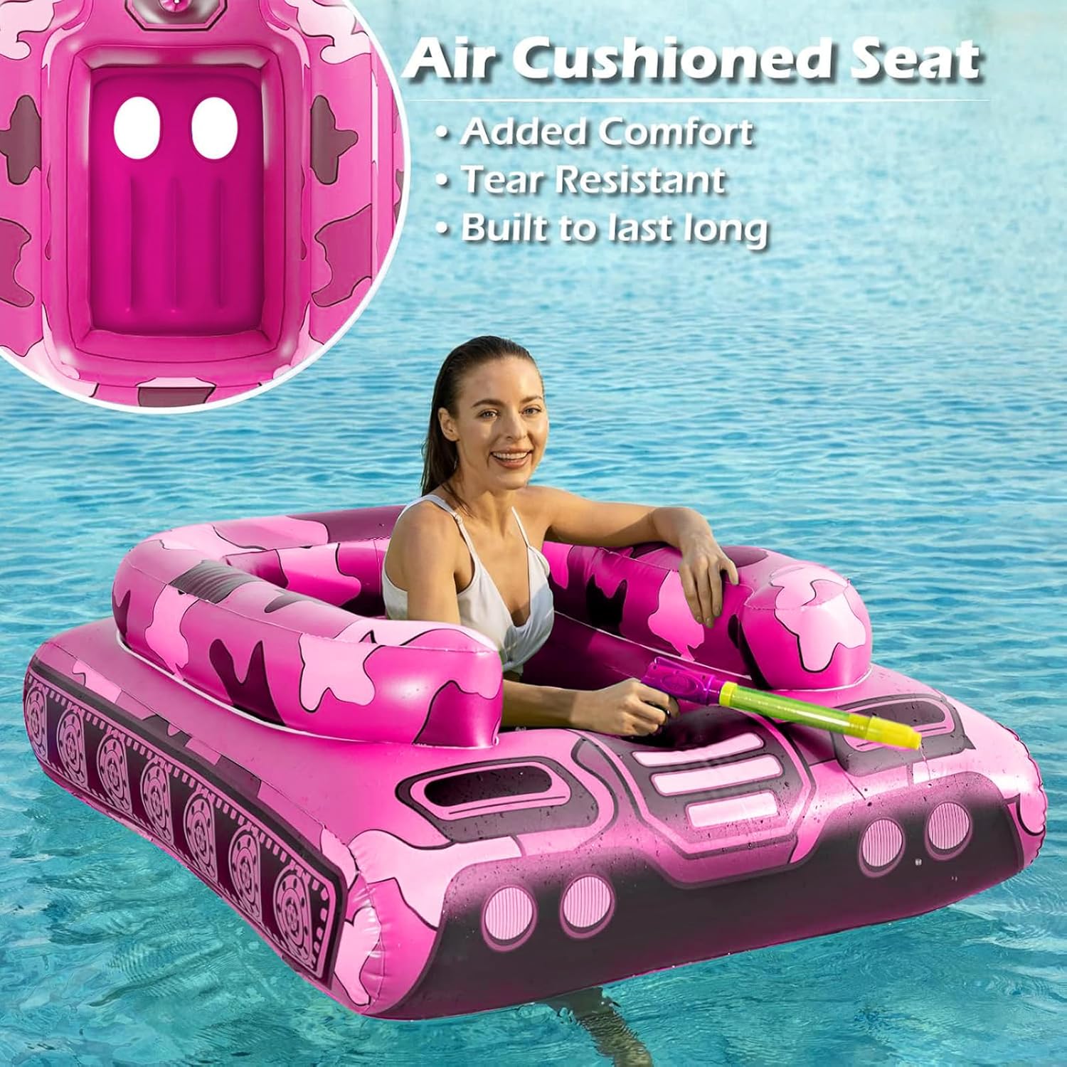 Inflatable Tank Pool Floats Adults - Jasonwell Kids Pool Floaties Swimming Pool Tank with Water Cannon Gun Swim Floaty Rafts Lake Beach Party Pool Toys for Boys Girls Kids Adults (Rose-L) - Jasonwell
