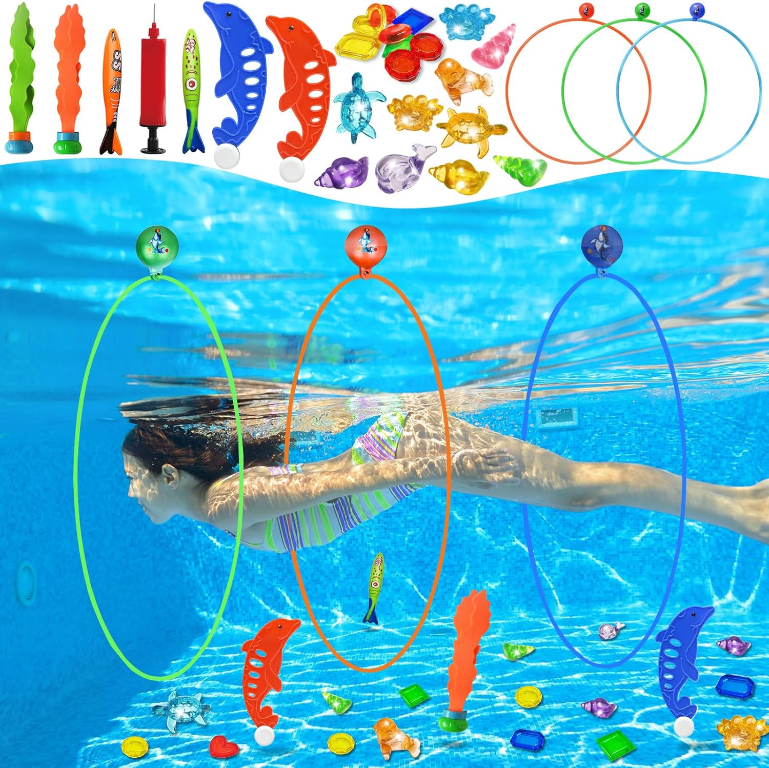 Jasonwell Pool Rings Diving Toys - 28PCS Swimming Thru Pool Diving Game Toys with Dive Rings Underwater Treasures Torpedo Bandits Fish Toys etc Fun Water Swim Toys for Boys Girls Kids Teens Adults 3C - Jasonwell