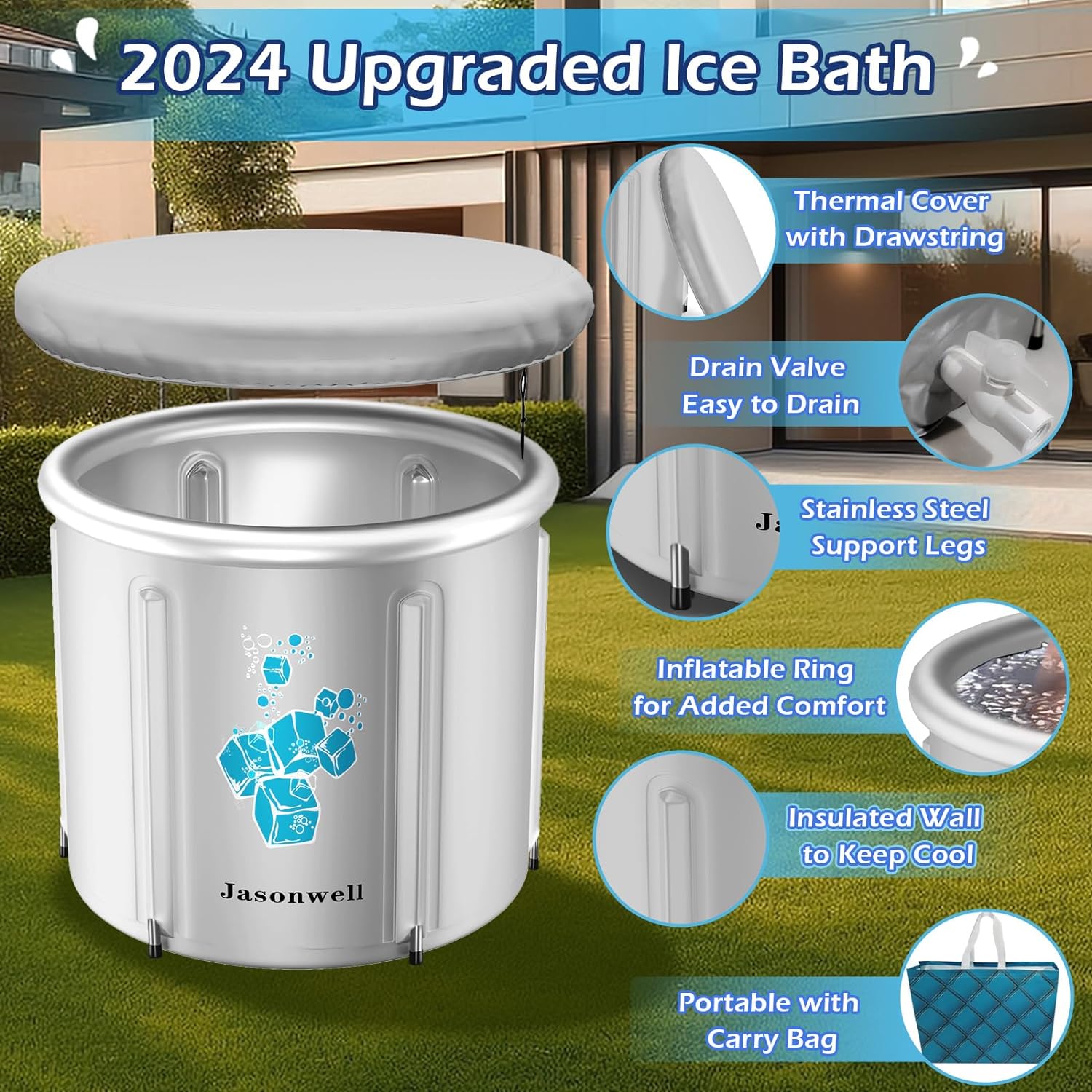 Jasonwell Ice Bath Tub for Athletes - Heavy Duty Cold Water Therapy Plunge Tub Ice Pod for Recovery Portable Ice Barrel Plunge Pool for Outdoor Inflatable Hot Tub Bathtub at Home for Adults 130 gal - Jasonwell