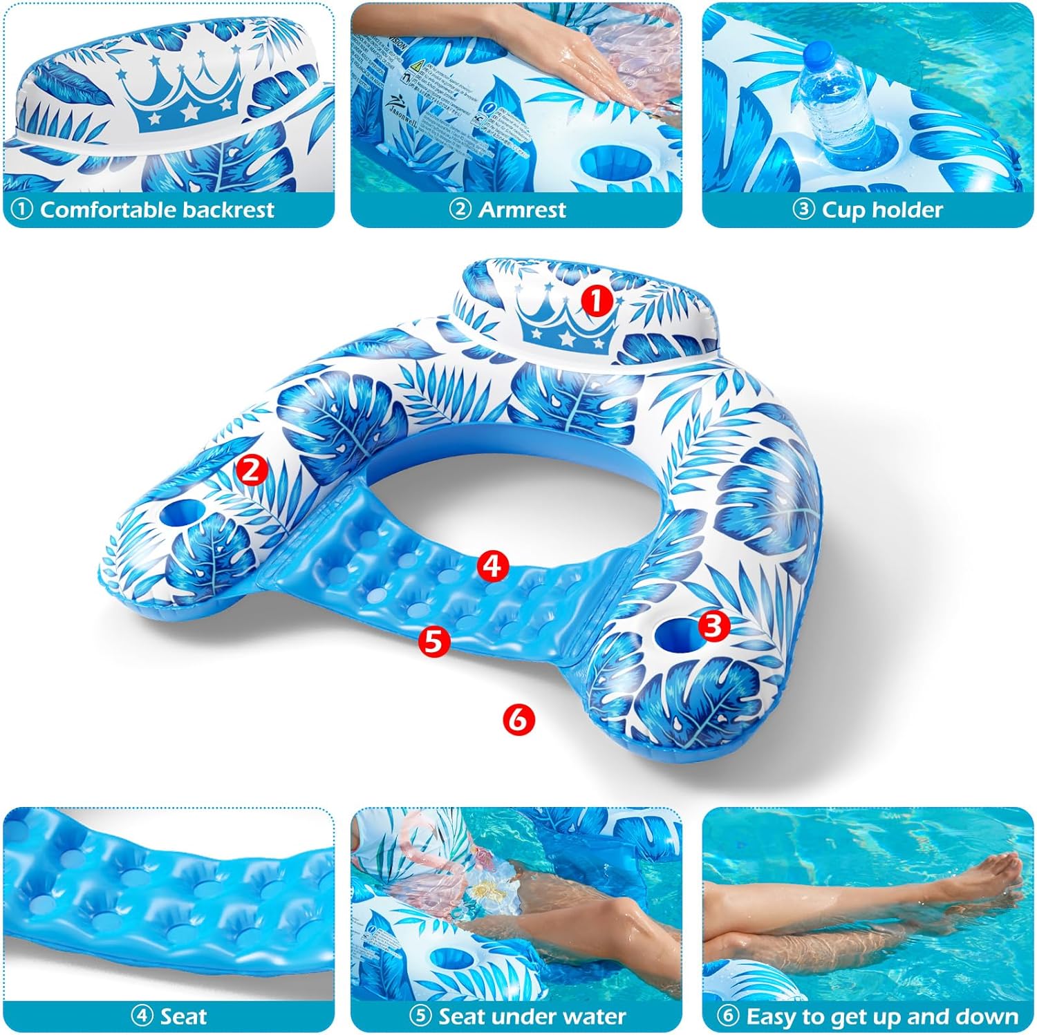 Jasonwell Pool Float with Canopy - Inflatable Pool Floaties Adult Floating Pool Chair Lounge Floats for Swimming Pool Water Chair Pool Lounger with Cup Holders Pool Toy Party Floaty for Adults (Bl-L) - Jasonwell