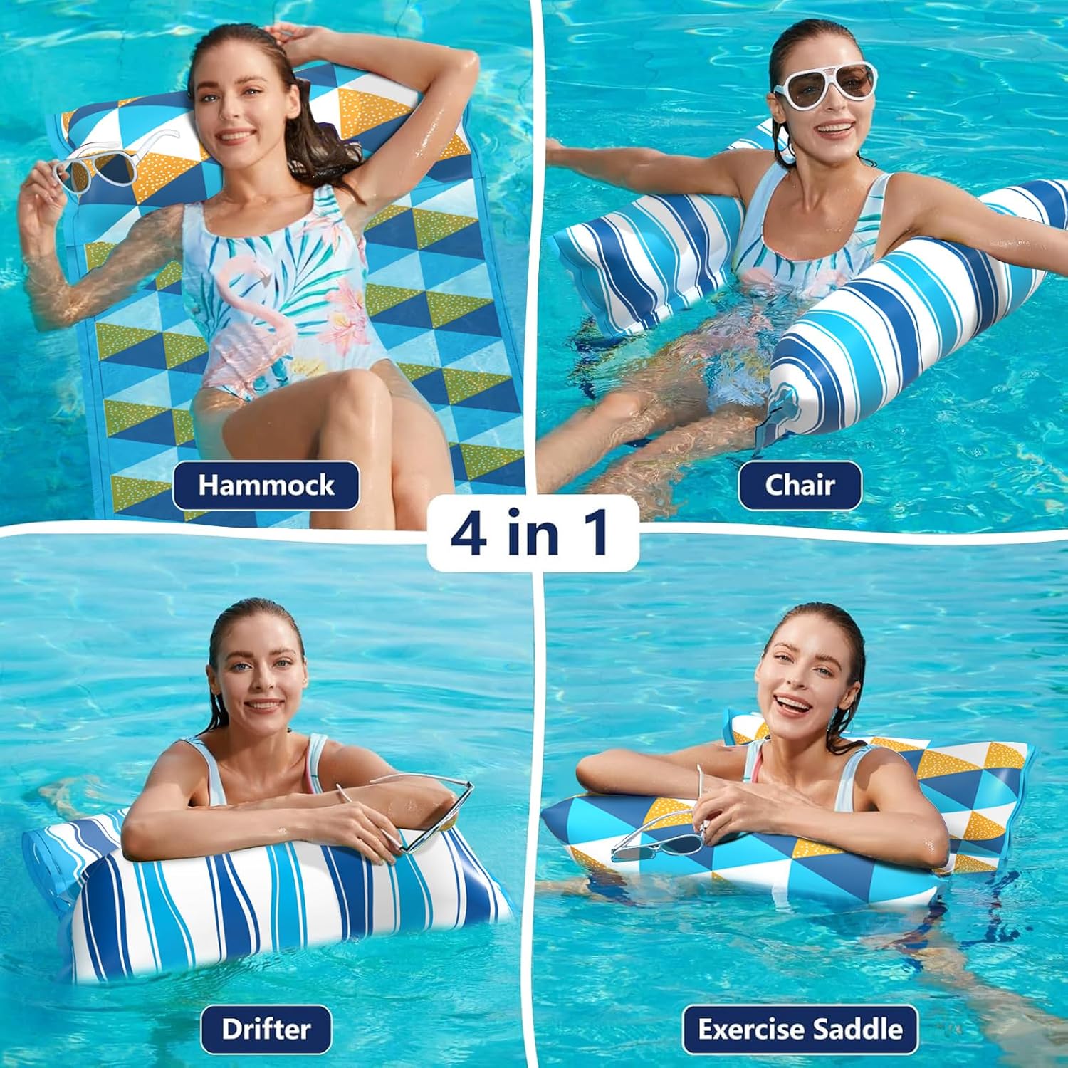 Jasonwell Water Hammock Pool Floats - 2PACK Fabric Inflatable Pool Hammock Float Floaties 4 in 1 (Saddle Lounge Chair Drifter) Lake Beach Floating Loungers Swimming Pool Rafts Toys for Adults (TriC) - Jasonwell