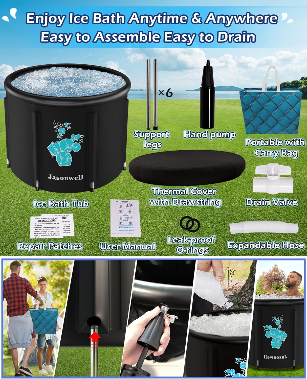 Jasonwell Ice Bath Tub for Athletes - Heavy Duty Cold Water Therapy Plunge Tub Ice Pod for Recovery Portable Ice Barrel Plunge Pool for Outdoor Inflatable Hot Tub Bathtub at Home for Adults 90 gal - Jasonwell