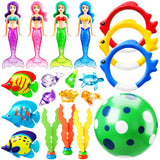 Jasonwell Pool Diving Toys Games - 20PCS Swimming Pool Toys with Dive Mermaids Rings Gems Beach Ball Underwater Treasures Seaweeds Fish Toy etc Water Bath Swim Toy Training Gifts for Kids Adult