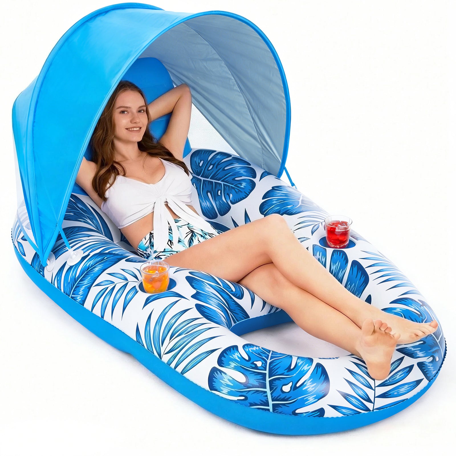 Jasonwell Pool Floats with Canopy - Inflatable Pool Float Adult Lounger Floaties Raft Floating Chair for Swimming Pool Lake Water Lounge Float with Cup Holders Beach Pool Party Toys for Adults - Jasonwell